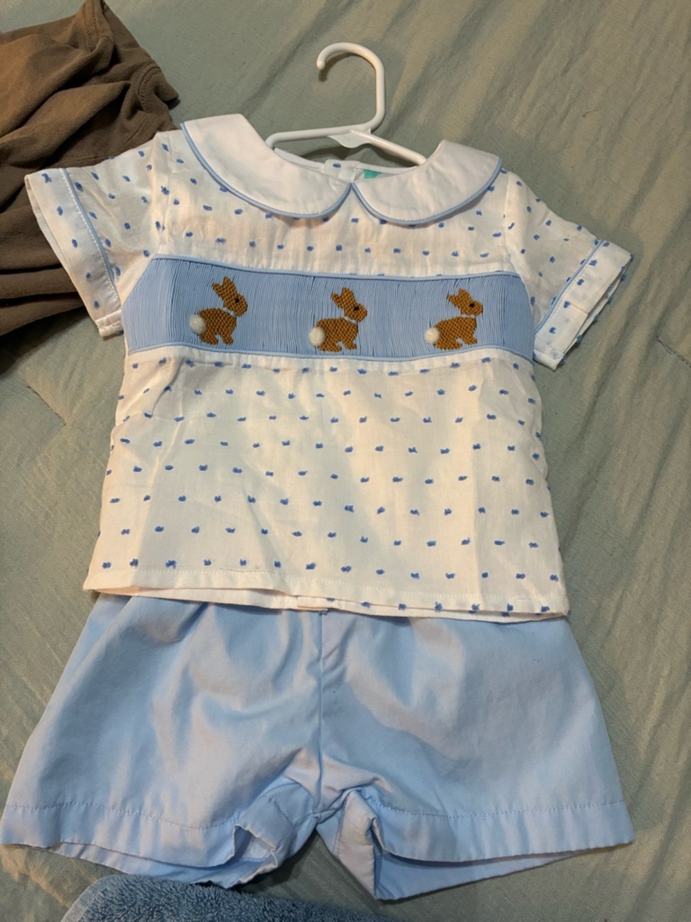Blue & White Bunny Smocked Kids Outfit Set